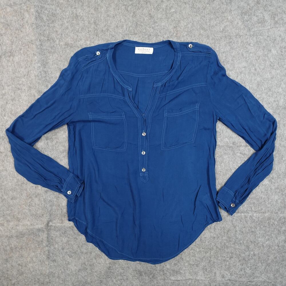Velvet Graham Spencer Top Womens P Small Half Button Long Sleeve Blue Soft Thin
